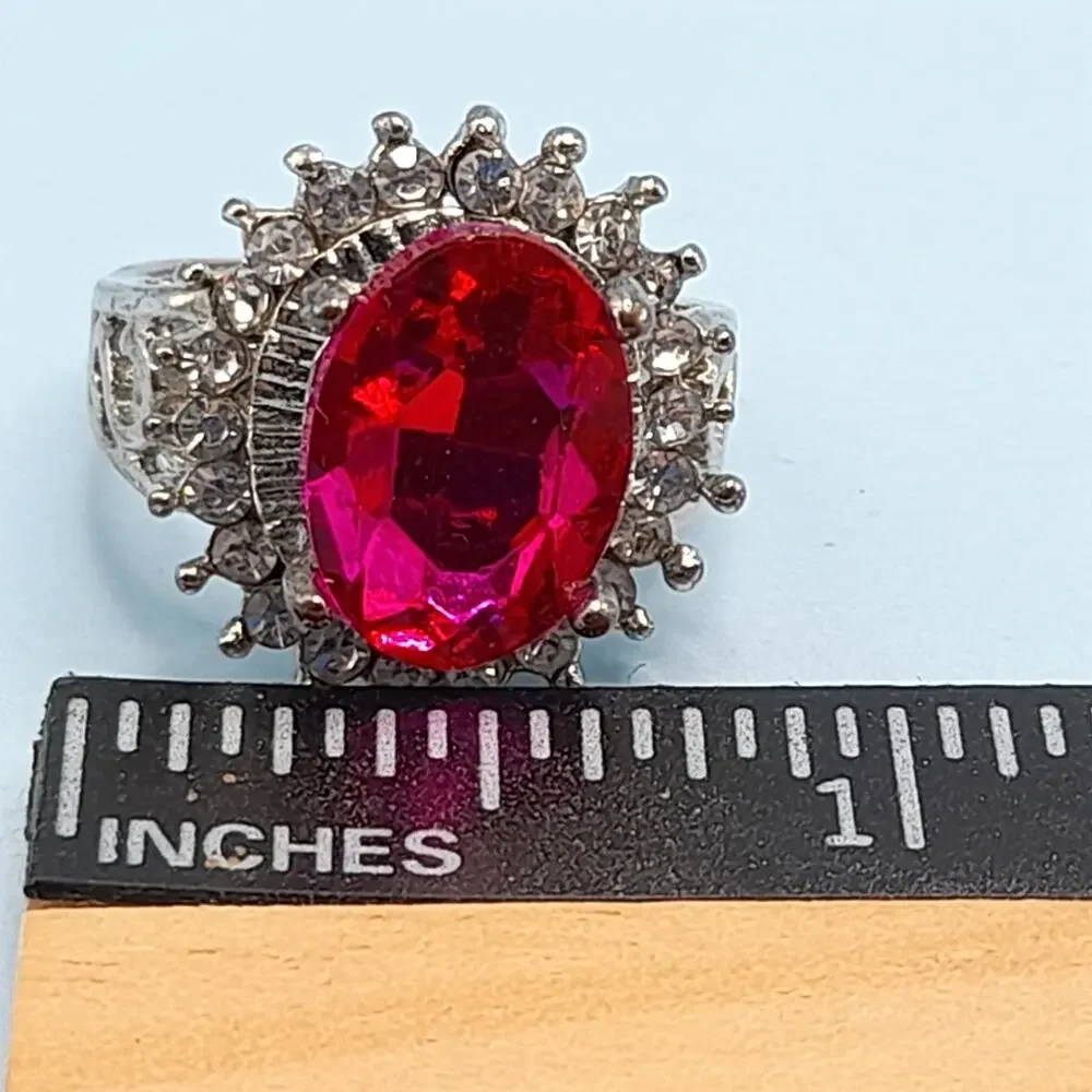 Vintage Pink Glass Cocktail Ring, Size 6.25, Clear Rhinestones, Silver Tone